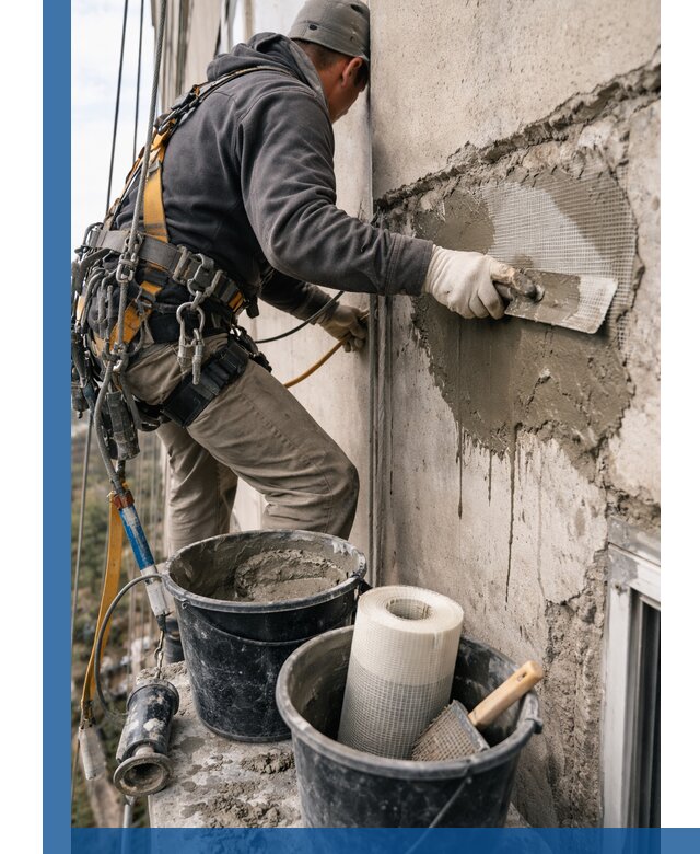 Ремонт бетонных элементов фасада промышленными альпинистами в Нерюнгри