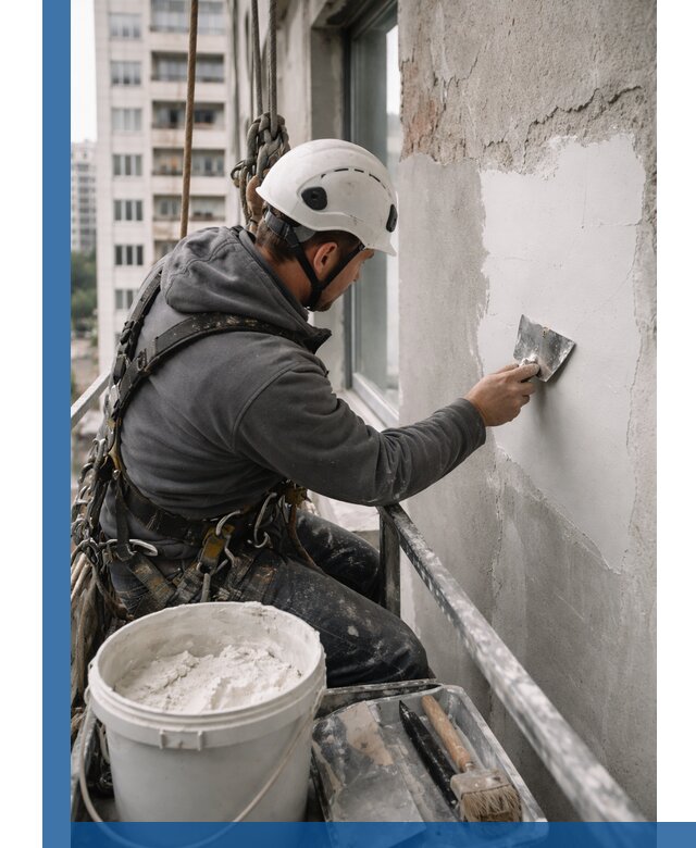 Шпаклевка фасадов на высоте с промальпинистами в Нерюнгри