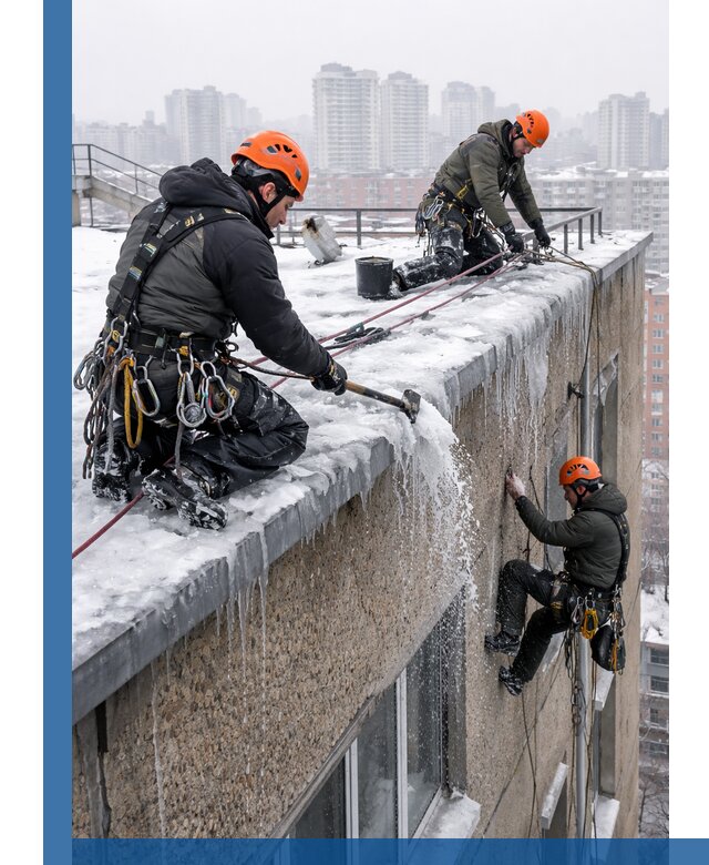 Удаление наледи с кровли в Нерюнгри промышленными альпинистами