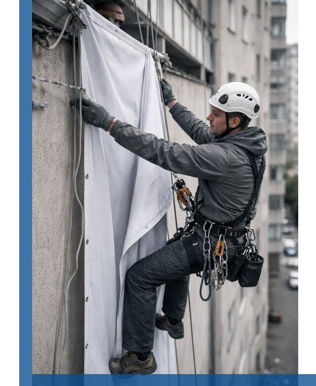 Замена баннерного полотна промышленными альпинистами в Нерюнгри
