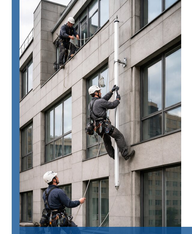 Монтаж флагштока на фасаде здания с креплением и герметикой в Нерюнгри