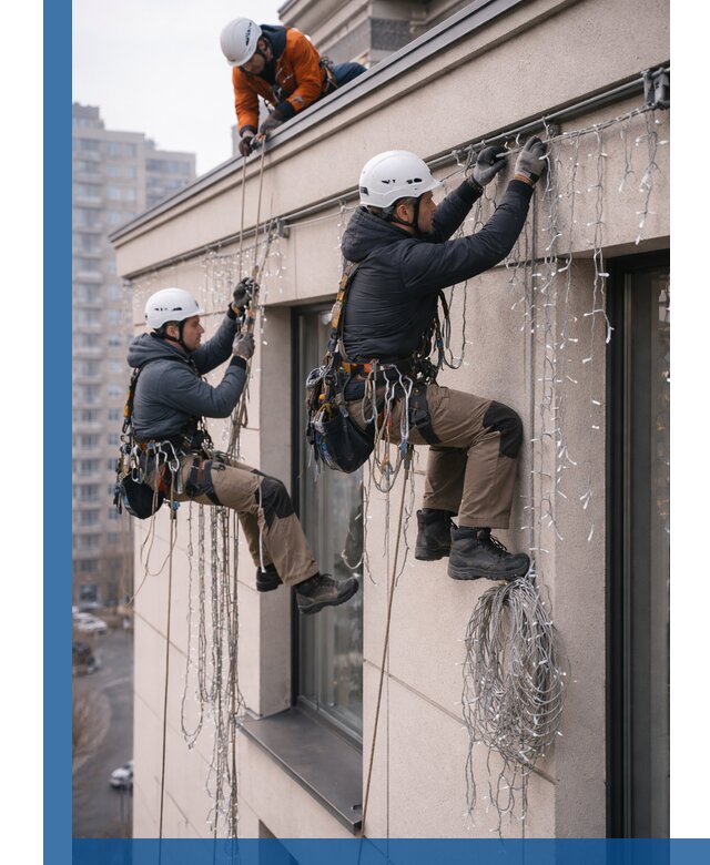 Монтаж праздничных гирлянд на фасаде в Нерюнгри для зданий