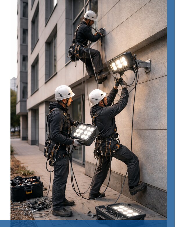 Монтаж прожекторов на фасаде в Нерюнгри от 8145 р. | ВЫСОТНИК-Нрю