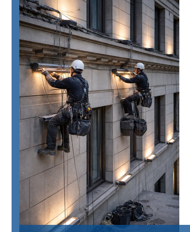 Монтаж архитектурной подсветки фасадов зданий в Нерюнгри