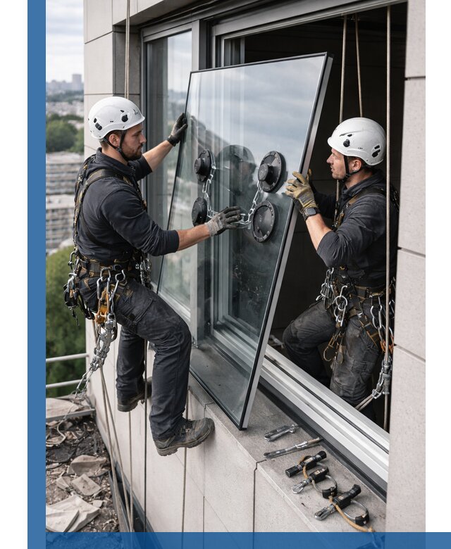 Замена стеклопакетов на высоте с промышленными альпинистами в Нерюнгри