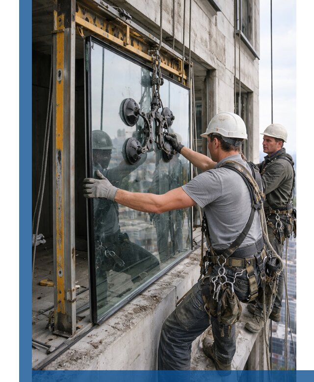 Монтаж стеклопакетов на высоте в Нерюнгри с промышленным альпинизмом