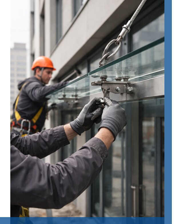 Монтаж стеклянных козырьков в Нерюнгри от 9231 р. | ВЫСОТНИК-Нрю