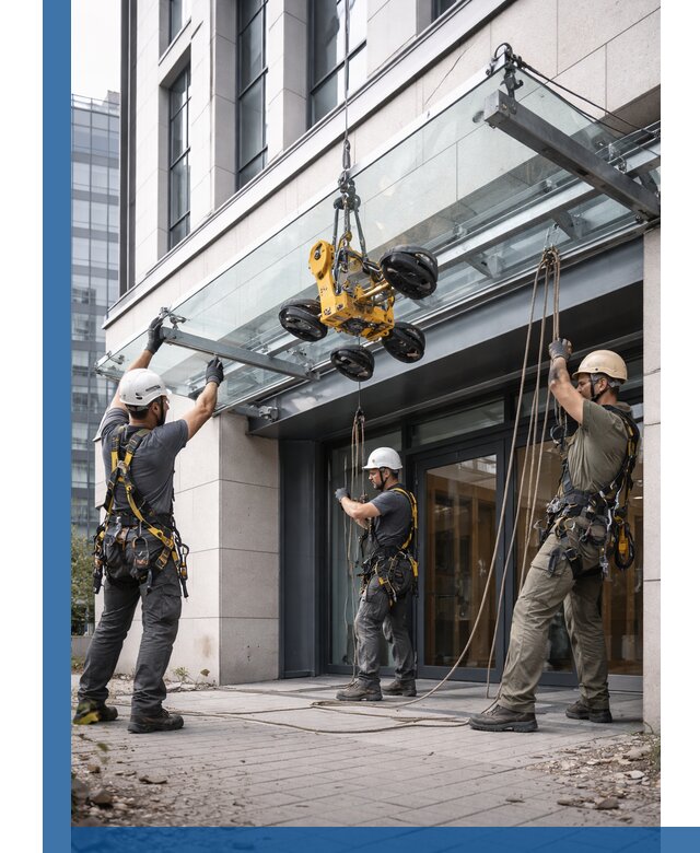 Монтаж стеклянных козырьков под ключ в Нерюнгри для зданий