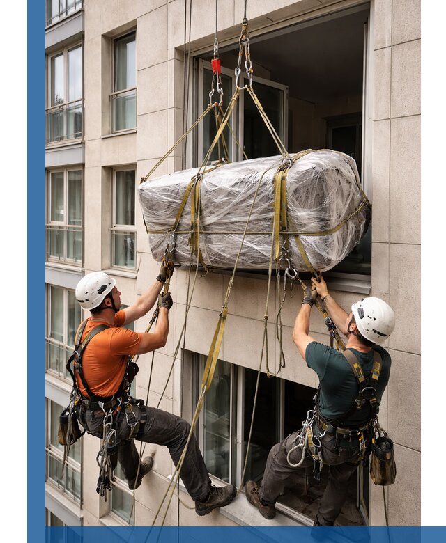 Подъем грузов через окно в Нерюнгри промышленными альпинистами