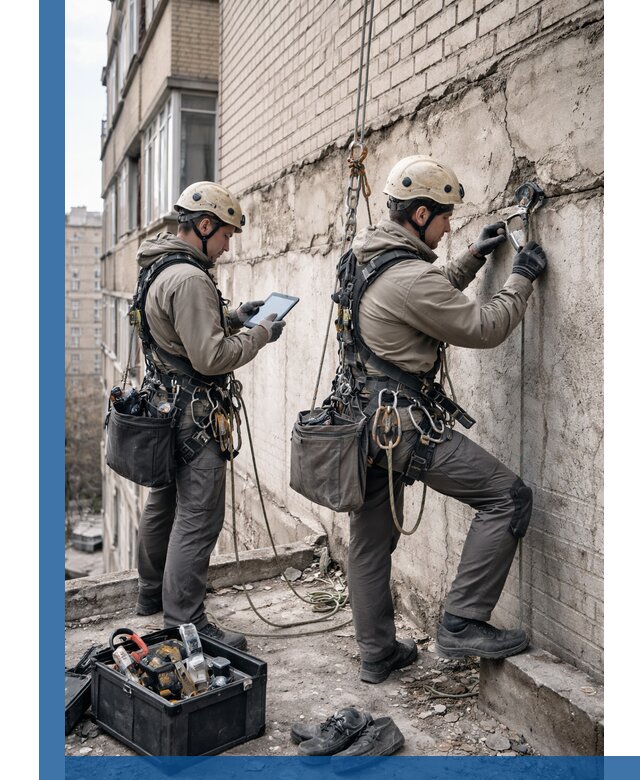 Обследование фасада промышленными альпинистами в Нерюнгри